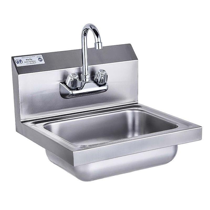 Photo 1 of HALLY Stainless Steel Sink for Washing with Fauc, NSF Commercial Wall Mount Hand Basin for Restaurant, Kitchen and Home, 17 x 15 Inches
