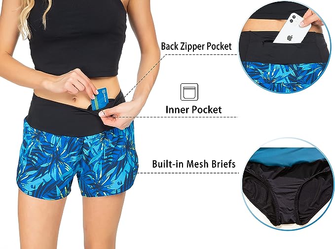 Photo 1 of [Size S] Rrosseyz Running Shorts for Women with Liner High Waisted Womens Athletic Shorts with Zip Pocket for Workout Gym- 4 Inches- Blue Leaf
