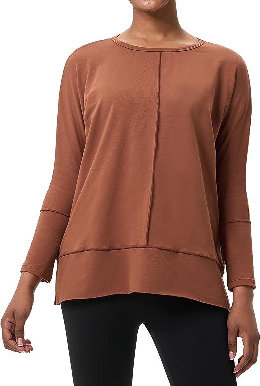 Photo 1 of [Size X-Small] MCEDAR Women Casual Crewneck Pullover Sweatshirt Perfect Length Dolman Tops Stylish Side Split 3/4 Sleeve Shirts -Brown
