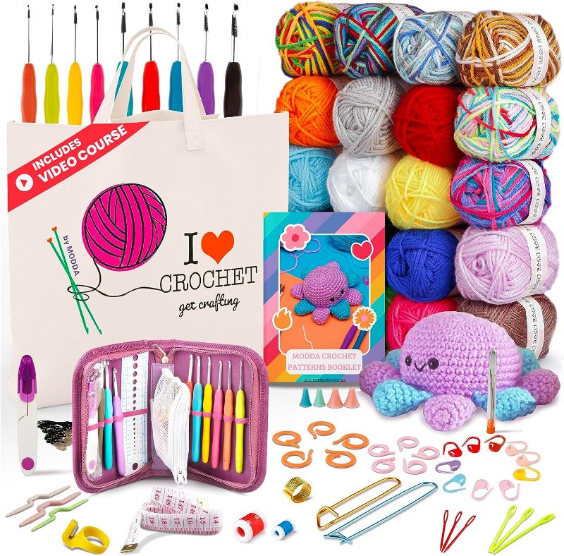 Photo 1 of MODDA Crochet Kit for Beginners with Video Course, Includes 20 Color of Yarns, Needles, Hooks, Accessories Kit, Canvas Tote Bag, Crochet Starter Kit for Women, Adults, Kids, Knitting Kit
