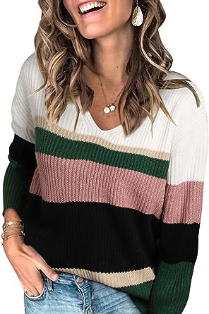 Photo 1 of Asvivid Women's 2023 Spring Long Sleeve V Neck Color Block Striped Pullover Sweater Tops Large 