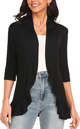 Photo 1 of Arssm Womens Casual Cardigan 3/4 Sleeves Open Front Cardigan Drapped Ruffles Knit Cardigan(Black-XS)