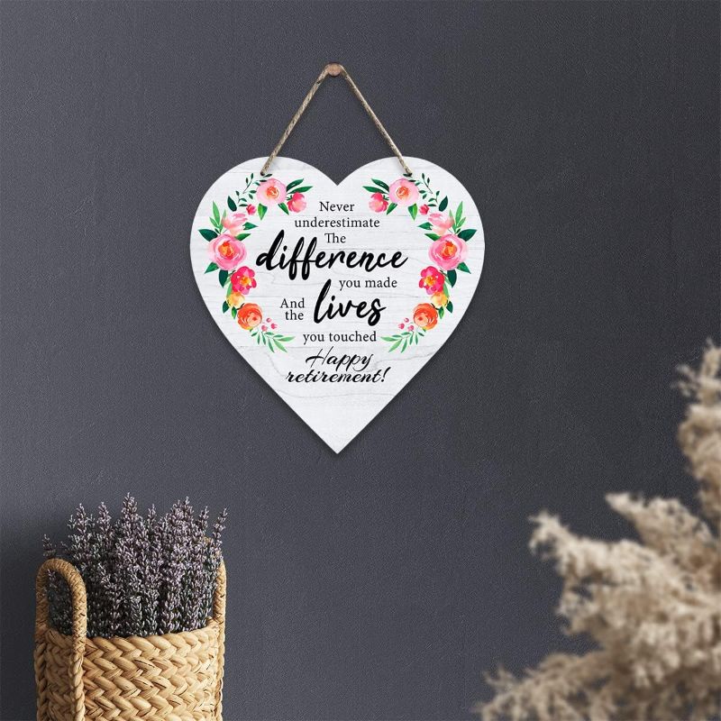 Photo 1 of Happy Retirement Gifts for Women Never Underestimate the Difference You Made Wooden Hanging Heart Shaped Plaque Wood Sign Rustic Decor Wall Hangings Present