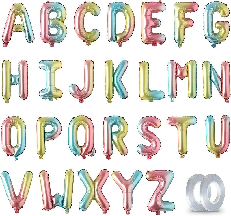 Photo 1 of 16" A-Z 26 Letter Rainbow Foil Mylar Letter Balloons with 2 Rolls Ribbon Mega Pack, Aluminum Hanging Foil Film Alphabet Letter (Rainbow, A-Z with Ribbon) 