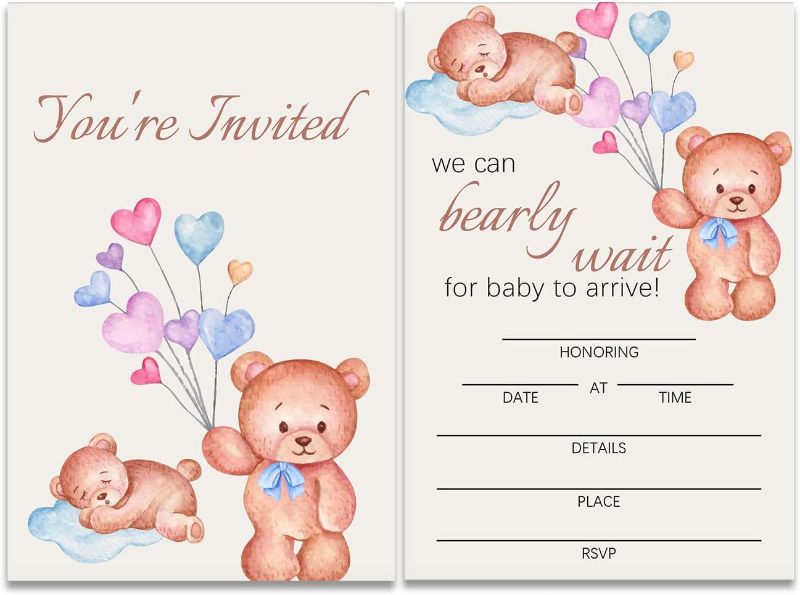 Photo 1 of Cute Bear Baby Shower Party Invitations Fill-In Set of 20 with Envelopes Boho Party Invites Cards Party Supplies Decoration,Double Sided (3pk)