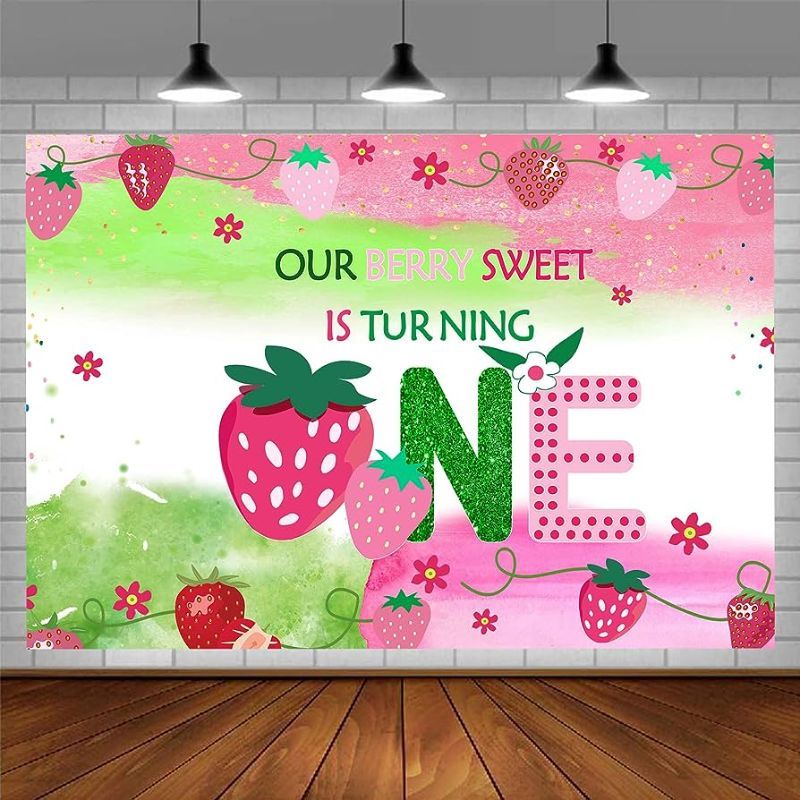 Photo 1 of EMDSPR 7x5FT Strawberry 1st Birthday Backdrop Our Little Sweet is Turning One Party Backdrops Pink Watercolor Fruit World Glitter Sweet Girl Baby Shower Portrait Studio Video Prop Vinyl BJRLPR113