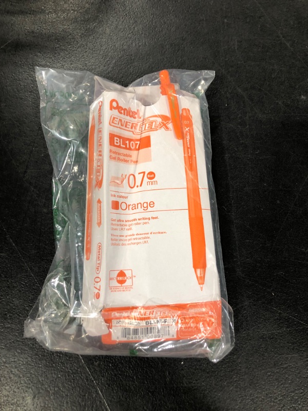 Photo 1 of Pentel EnerGel-X Retractable Liquid Gel Pen (0.7mm) Metal Tip, Orange Ink, Box of 12 (BL107-F)
