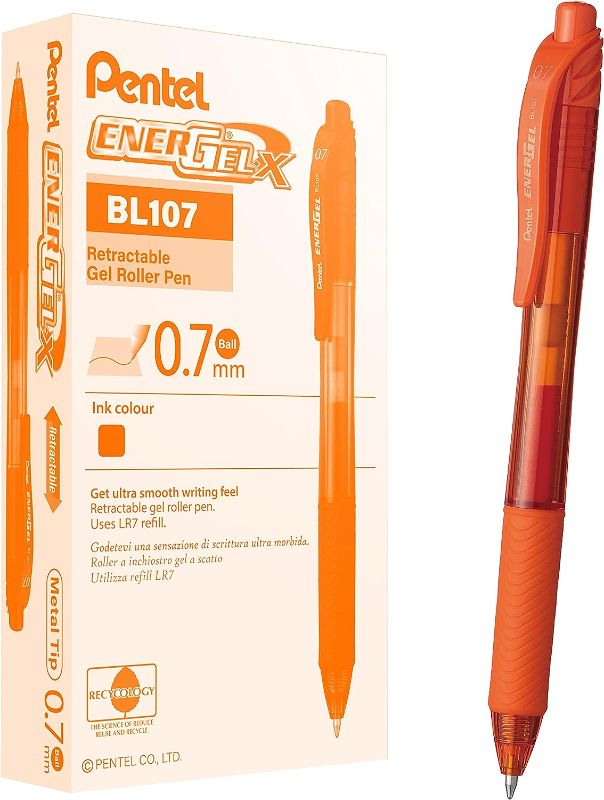 Photo 1 of Pentel EnerGel-X Retractable Liquid Gel Pen (0.7mm) Metal Tip, Orange Ink, Box of 12 (BL107-F)
