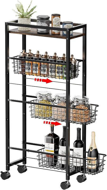 Photo 1 of 4-Tier Slim Storage Cart with Wheels,Rolling Utility Cart with Slide-Out Wire Baskets & Wooden Tabletop,Mobile Shelving Unit Storage Organizer,Narrow Rolling Storage for Kitchen Bathroom Laundry Room 