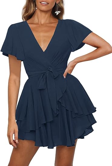 Photo 1 of Ferlema Women's Summer Wrap V Neck Ruffle Short Sleeve Tie Waist Casual A line Swing Short Mini Dress - SIZE XL 
