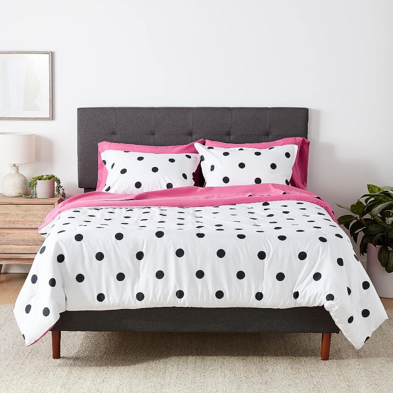 Photo 1 of Amazon Basics 7-Piece Lightweight Microfiber Bed-in-a-Bag Comforter Bedding Set - Full/Queen, White and Black Polka Dot White and Black Polka Dot Full/Queen 1-Pack