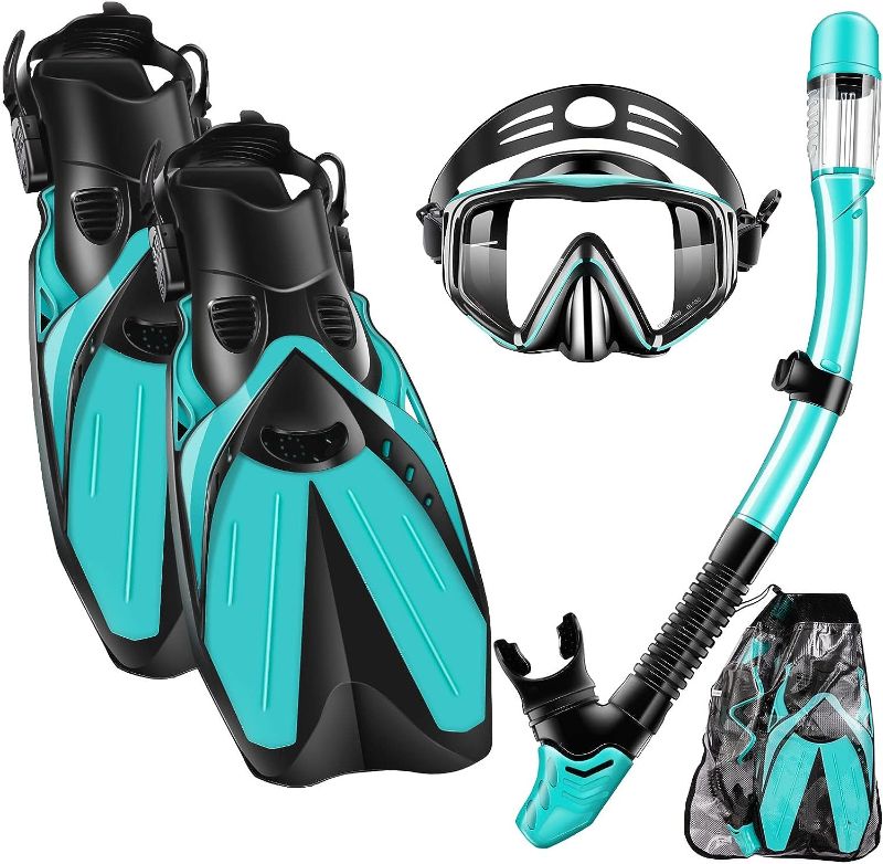 Photo 1 of 2023 Version Snorkel Set, Mask Fins Snorkeling Gear Adults, Snorkel Goggles Panoramic View Anti-Fog Anti-Leak Dry Top Snorkel and Dive Flippers Kit with Gear Bag for Diving Training S/M