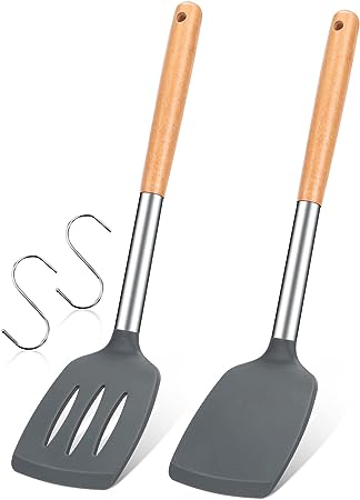 Photo 1 of 2 Pieces Silicone Spatula Set, Non Stick Cooking Utensils Stainless Steel Handle Kitchen Turner for Baking Mixing Grilling Serving Food Heat Resistant Non Scratch Hooks Included (Grey) 