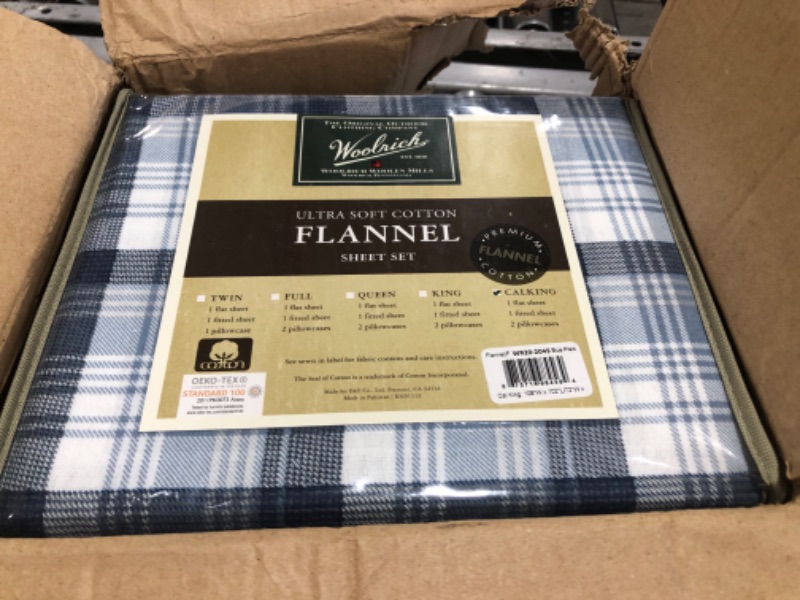 Photo 2 of Woolrich Flannel 100% Cotton Sheet Set Warm Soft Bed Sheets with 14" Elastic Pocket, Cabin Lifestyle, Cold Season Cozy Bedding Set, Matching Pillow Case, Cal King, Blue Plaid, 4 Piece California King Blue Plaid