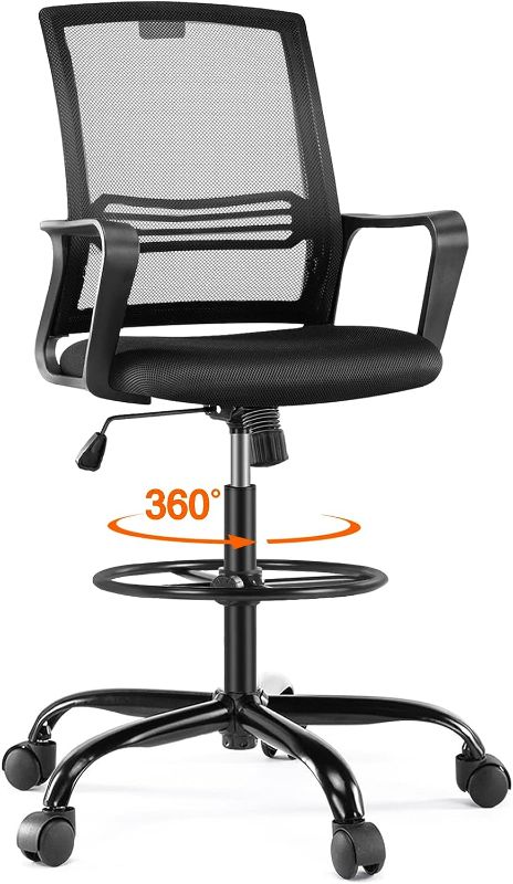 Photo 1 of Drafting Chair, Tall Office Chair with Adjustable Foot Ring, Standing Desk Chair with Ergonomic Lumbar Support and Adjustable Armrests, Swivel Rolling Tall Chair, Breathable Mesh, Height Adjustable 22.05D x 21.65W x 46.26H in Dark Black