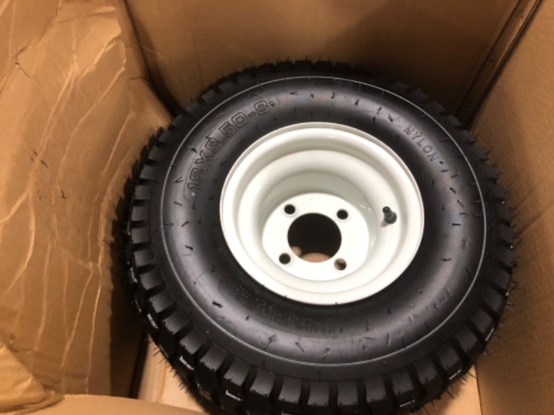 Photo 2 of (2-Pack) 18” Tubeless Tires On Rims - 18x8.5-8 Tire and Wheel Assemblies - 4-Lug 4” Center - 2.83” Center Bore - Load Range B Max Tire Weight of 815 Lbs - Compatible with Alumacraft Boat Trailers 18"x8.5-8" white