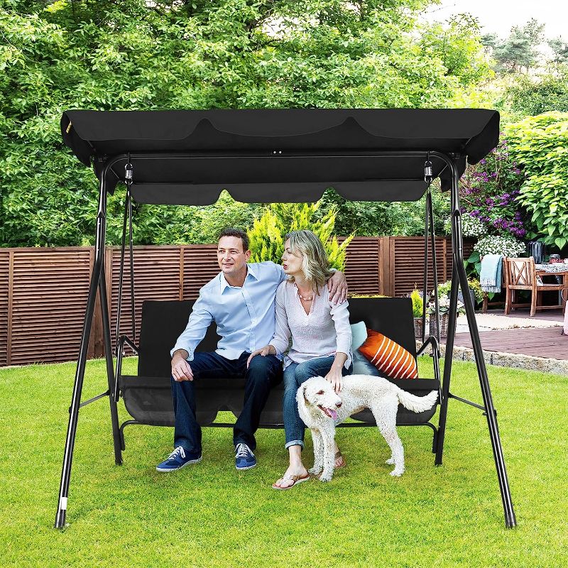 Photo 1 of 3-Seat Patio Swing Chair,Outdoor Porch Swing with Adjustable Canopy and Durable Steel Frame for Patio, Garden, Poolside (Black)
