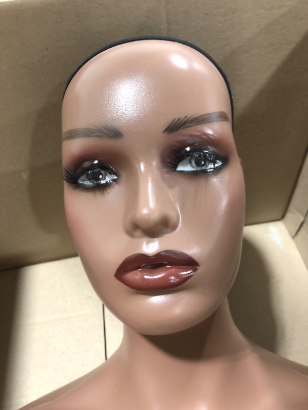 Photo 3 of Nunify Realistic Female Mannequin Head with Shoulders for Display - Manikin Head with Shoulder for Wig/Jewelry/Makeup/Hat/Sunglass Display (Dark Brown)