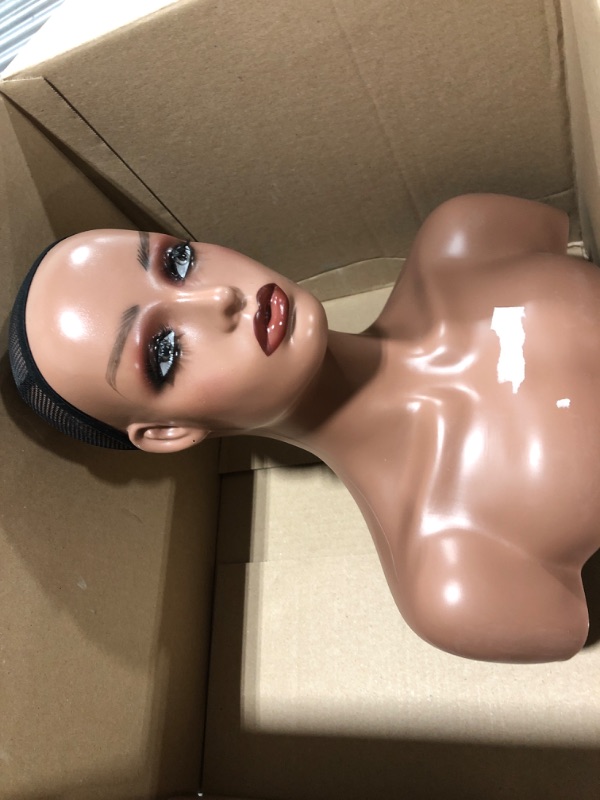 Photo 2 of Nunify Realistic Female Mannequin Head with Shoulders for Display - Manikin Head with Shoulder for Wig/Jewelry/Makeup/Hat/Sunglass Display (Dark Brown)