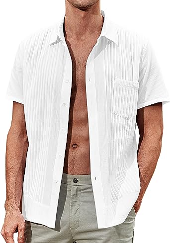 Photo 1 of AstoSeu Mens Short Sleeve Button Down Shirts Cuban Guayabera Vacation Linen Beach Shirts Size S