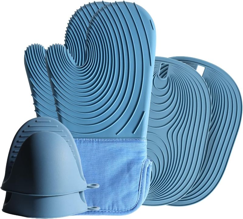 Photo 1 of  HUAWOHOM Silicone Oven Mitts and Pot Holders Pinch Grips 6pcs Sets,Kitchen Mittens with Oven Gloves and Hot Pads for Baking Cooking 500°F,Quilted Liner,Gift Packed (Blue and Sky Blue) 