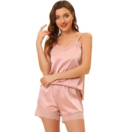 Photo 1 of DIDK Women's Lace Trim Satin Sleepwear Cami and Shorts Pajama Set Dusty Pink SMALL 