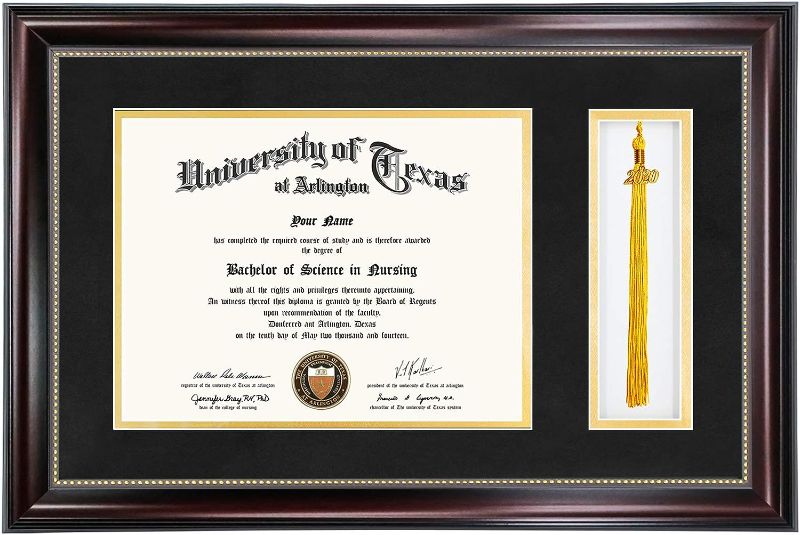 Photo 1 of GraduationMall 11x17 Mahogany Diploma Frame with Tassel Holder for 8.5x11 Certificate Document,Real Glass, Black Over Gold Mat