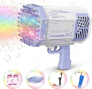 Photo 1 of 69 Hole Bubble Machine Gun Bubble Blower, Bubble Gun Blower with Colorful Light, Big Rocket Boom Bubble Toys - Bubble Maker Guns Toys Wedding Outdoor Indoor Birthday Party Favors Gift - Purple
