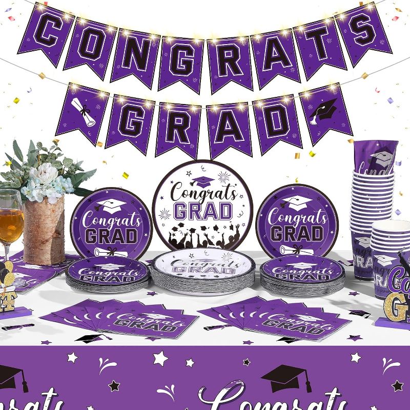 Photo 1 of 123 PCS Congrats Grad Party Set Serve for 30 Graduation Decoration Banner with LED Light Class of 2023 Party Supplies Plates Tablecloth Cups Napkins for Celebration Prom Party Supply (Purple) 