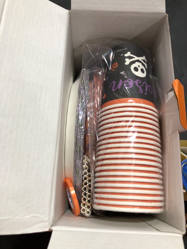 Photo 2 of Halloween Party Supplies Serves 20 Guests - 179 PCS Birthday Decorations Set Include Disposable Paper Plates, Napkins, Cups, Tablewares, Table Cover, Cupcake Wrappers Toppers, Banner, and Balloons