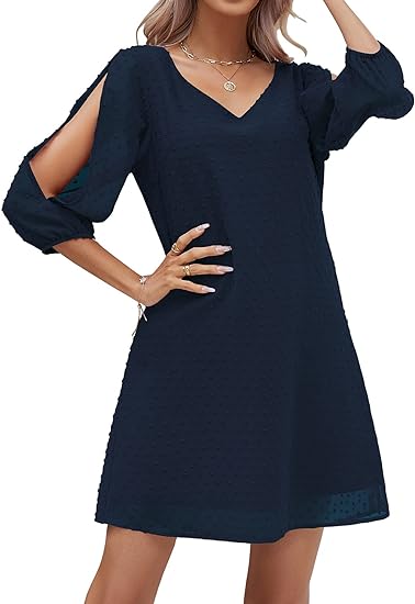 Photo 1 of [Size L] Yikomi Women Summer Loose Casual Dress V Neck 3/4 Split Sleeves Flowy Shift Mini Party Sundress 