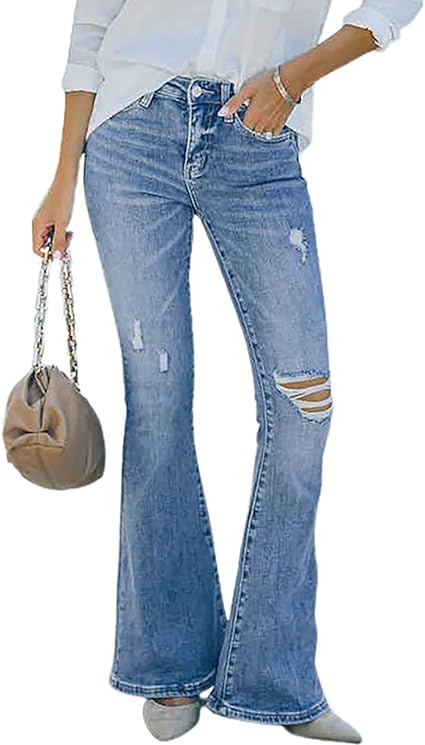 Photo 1 of [Size 12] Koinshha Bell Bottom Jeans for Women High Waisted Flare Ripped Jeans Stretch Wide Leg Denim Pants B Blue