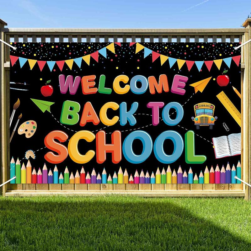 Photo 1 of 72 x 44 Inch Welcome Back to School Banner - First Day of School Hanging Banner Backdrop, Large Welcome Sign Poster Bulletin Board Flag Wall Decorations for School Classroom 
