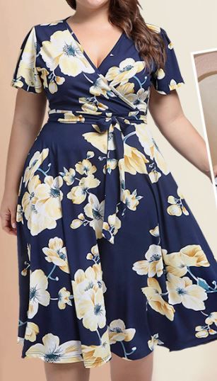 Photo 1 of [Size 3XL] Jiabbyin Womens Plus Size Dress Casual V-Neck Short Sleeve Midi Dresses with Pocket -Flowers