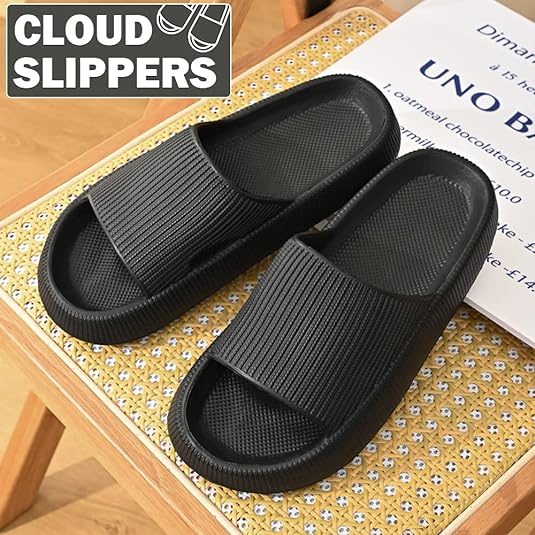 Photo 1 of [Size 9.5-10] Edmallu Cloud Slides For Women/Men - Ultra Cushion Pillow Slides With Wall Hanging Hook Non-Slip Thick Sole Cloud Slippers, Lightweight And Quick Drying Shower Slippers- Black