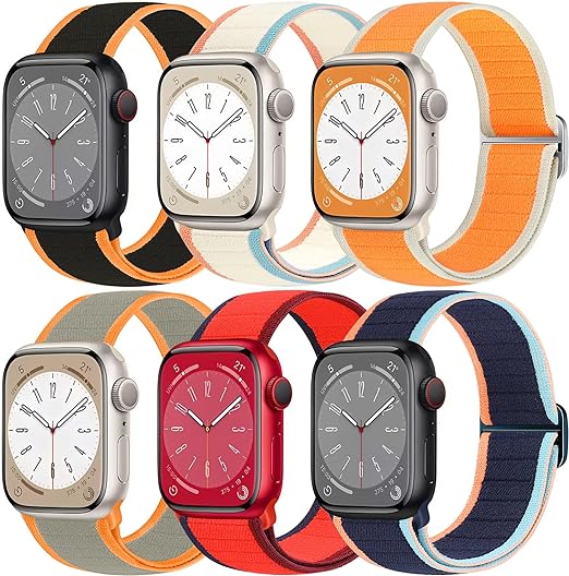 Photo 1 of AOKOOR 6 Pack Adjustable Stretchy Nylon loop Compatible for Apple Watch Bands 49/45/44/42mm 41/40/38mm Soft Sport Elastic Braided Bands for iwatch Ultra 8/7/6/5/4/3/2/1 SE Men and Women 