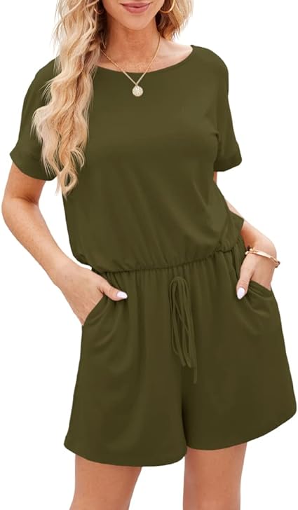 Photo 1 of [Size L] Remikstyt Women's Summer Short Sleeve Rompers Crew Neck Casual Loose Short Jumpsuits with Pockets- Green