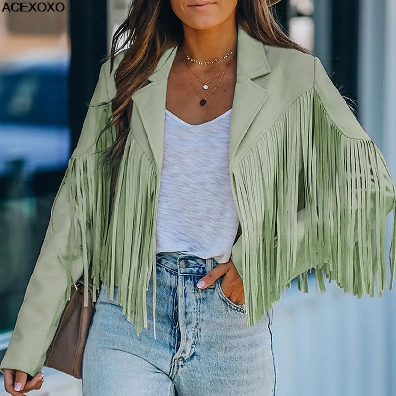 Photo 1 of [Size L] Ladies Cropped Fringe Jacket- Light Green