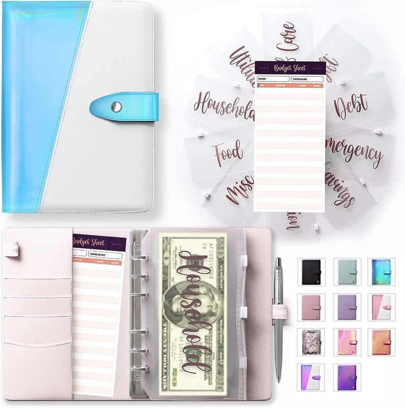 Photo 1 of SOUL MAMA Budget Binder with Zipper Envelopes - Blue White Money Organizer for Cash, A6 Binder Cash Envelopes for Budgeting, Money Saving Binder & Pre-Printed Stickers