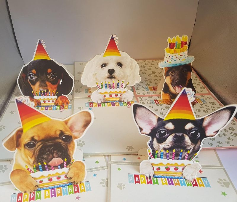 Photo 1 of Limited-time deal: 5 Cards of Maltese, Black Dachshund, Black Chihuahua, Brown Bulldog, German Shepherd 3D Birthday Funny Pop Up Cards, Dog 3D Birthday Pop Up Cards, Happy Birthday Lovely Cards (5 Cards) 