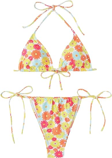 Photo 1 of [Size XS] SOLY HUX Women's Floral Print Bikini Sets Halter Tie Side Triangle Sexy Swimsuits