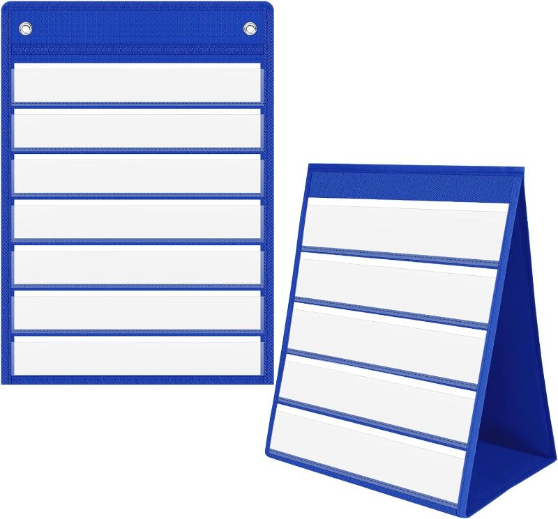 Photo 1 of Panelee 2 Sets Standard Pocket Charts Tabletop Desktop Pocket Chart with Dry Erase Cards Pocket Charts for Classroom for Teacher Lessons in Classroom or Home Use (Blue)
