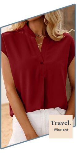 Photo 1 of [Size XL] Wihion Women Short Sleeve Blouse Button Notch V Neck Tops Batwing Sleeve Casual Shirts for Summer - Red
