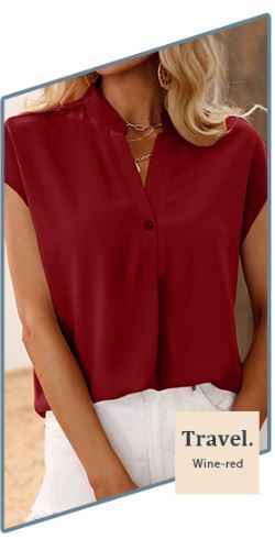 Photo 1 of [Size XXL] Wihion Women Short Sleeve Blouse Button Notch V Neck Tops Batwing Sleeve Casual Shirts for Summer - Red