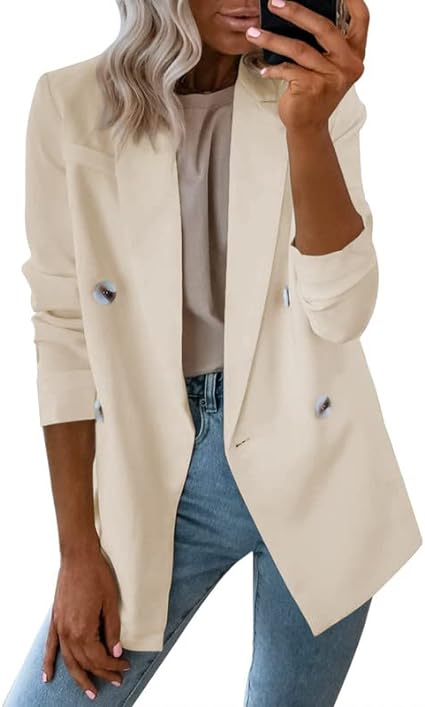 Photo 1 of [Size M] Koinshha Womens Long Sleeve Lapel Blazers Casual Solid Color Button Up Jacket Open Front Work Office Blazer- Beige