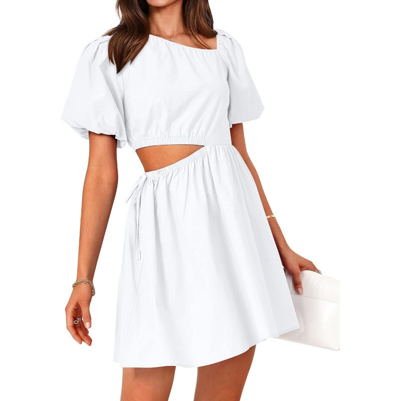 Photo 1 of [Size L]- Color White-  KIRUNDO 2023 Women's Summer Short Puff Sleeve Cut Out Dress Casual Solid Asymmetrical Neck A Line Beach Party Mini Dresses