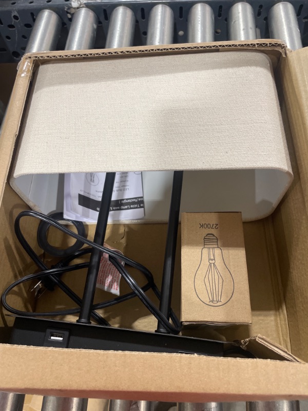 Photo 2 of 3-Way Dimmable Touch Control Table Lamp with 2 USB Ports and AC Power Outlet Modern Bedside Nightstand Lamp with Fabric Shade and Metal Base for Guestroom Bedroom Living Room & Hotel LED Bulb Included Cream