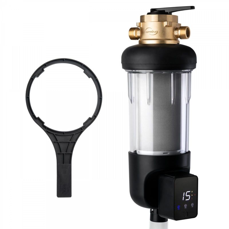 Photo 1 of  iSpring WSP100ARJ-BP Spin-Down Sediment Water Filter with Bypass, Upgraded Jumbo Size, Reusable with Touch-Screen Auto Flushing Module, Brass Top, 4 Operation Modes, Clear Housing, 100 Microns 