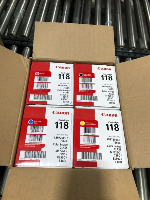 Photo 2 of Canon Genuine Toner Bundle 118 2660B021 4 Pack 1 Each: Cyan Magenta Yellow Black for Canon Color imageCLASS MF8350Cdn MF8380Cdw MF8580Cdw MF729Cdw MF726Cdw LBP7200Cdn LBP7660Cdn Laser Printers