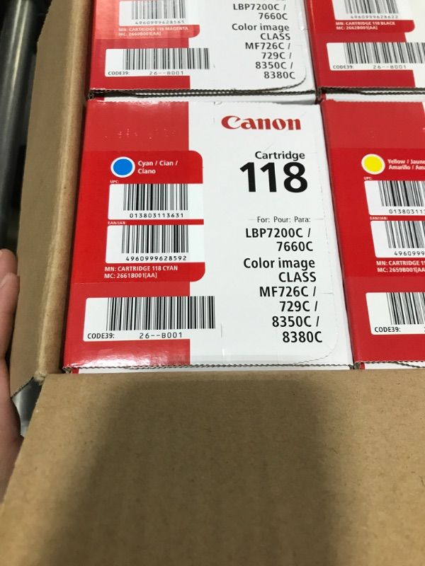 Photo 5 of Canon Genuine Toner Bundle 118 2660B021 4 Pack 1 Each: Cyan Magenta Yellow Black for Canon Color imageCLASS MF8350Cdn MF8380Cdw MF8580Cdw MF729Cdw MF726Cdw LBP7200Cdn LBP7660Cdn Laser Printers